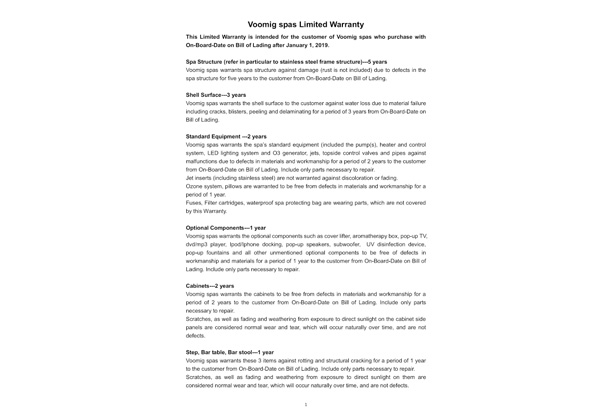 Voomig spas Limited Warranty